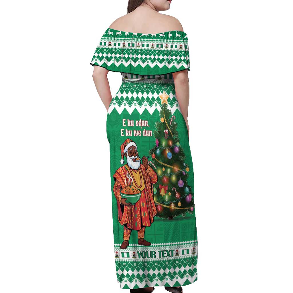 Personalized Nigeria Christmas Off Shoulder Maxi Dress Black Santa With Jollof Rice - Wonder Print Shop