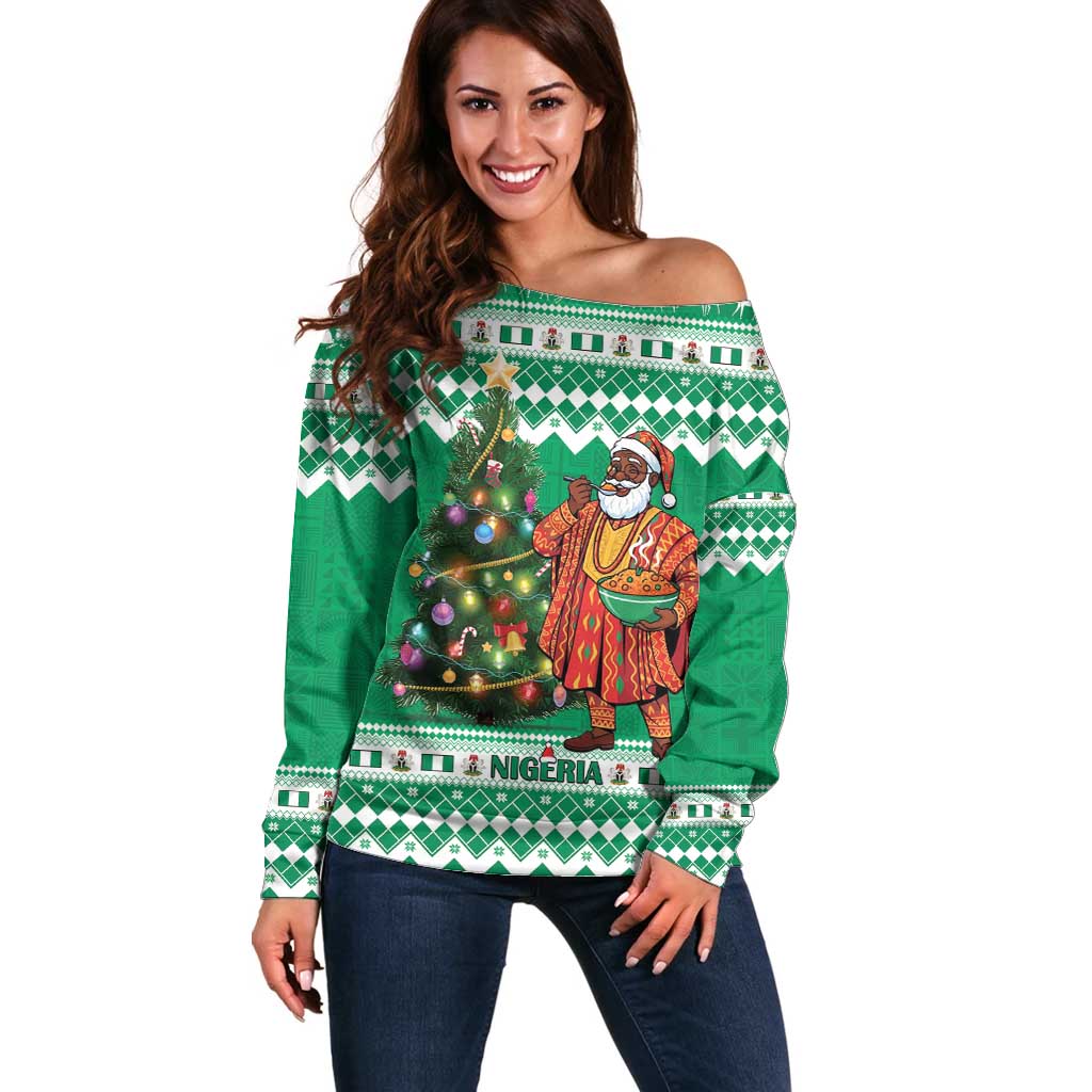 Personalized Nigeria Christmas Off Shoulder Sweater Black Santa With Jollof Rice - Wonder Print Shop