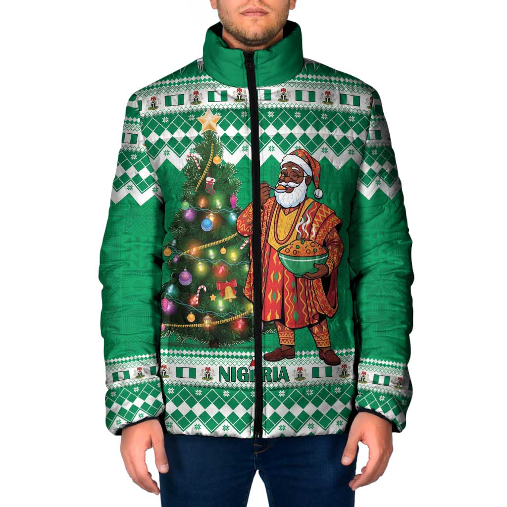 Personalized Nigeria Christmas Padded Jacket Black Santa With Jollof Rice - Wonder Print Shop