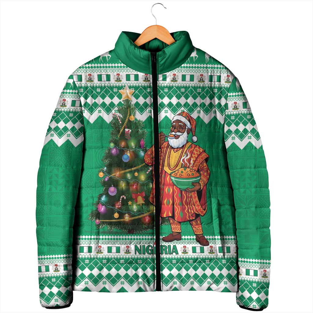 Personalized Nigeria Christmas Padded Jacket Black Santa With Jollof Rice - Wonder Print Shop