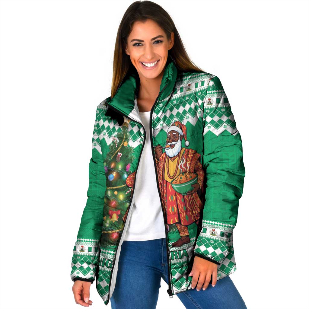 Personalized Nigeria Christmas Padded Jacket Black Santa With Jollof Rice - Wonder Print Shop