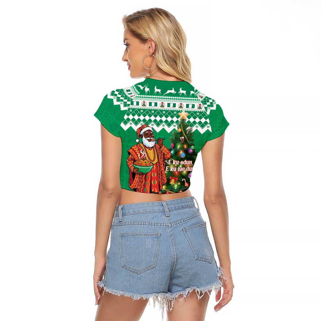 Personalized Nigeria Christmas Raglan Cropped T Shirt Black Santa With Jollof Rice - Wonder Print Shop