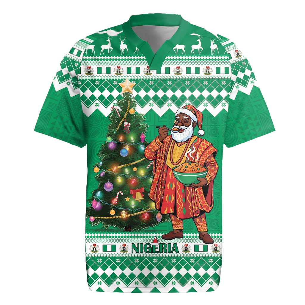 Personalized Nigeria Christmas Rugby Jersey Black Santa With Jollof Rice - Wonder Print Shop