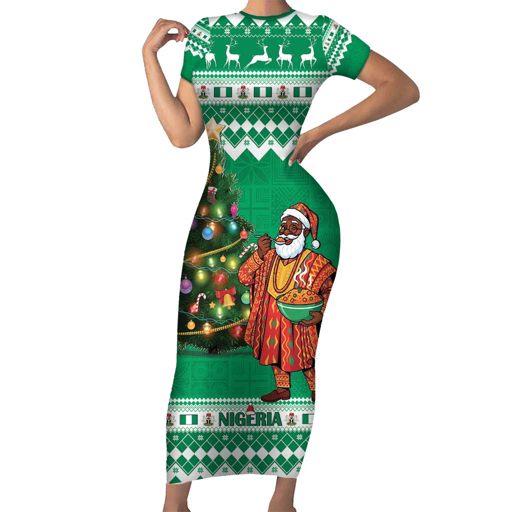 Personalized Nigeria Christmas Short Sleeve Bodycon Dress Black Santa With Jollof Rice - Wonder Print Shop