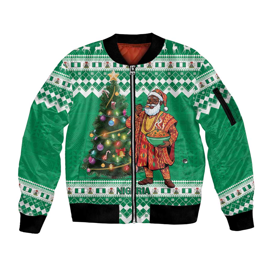 Personalized Nigeria Christmas Sleeve Zip Bomber Jacket Black Santa With Jollof Rice - Wonder Print Shop