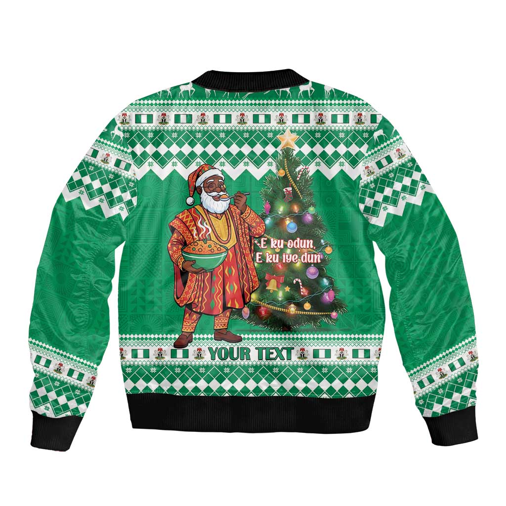 Personalized Nigeria Christmas Sleeve Zip Bomber Jacket Black Santa With Jollof Rice - Wonder Print Shop