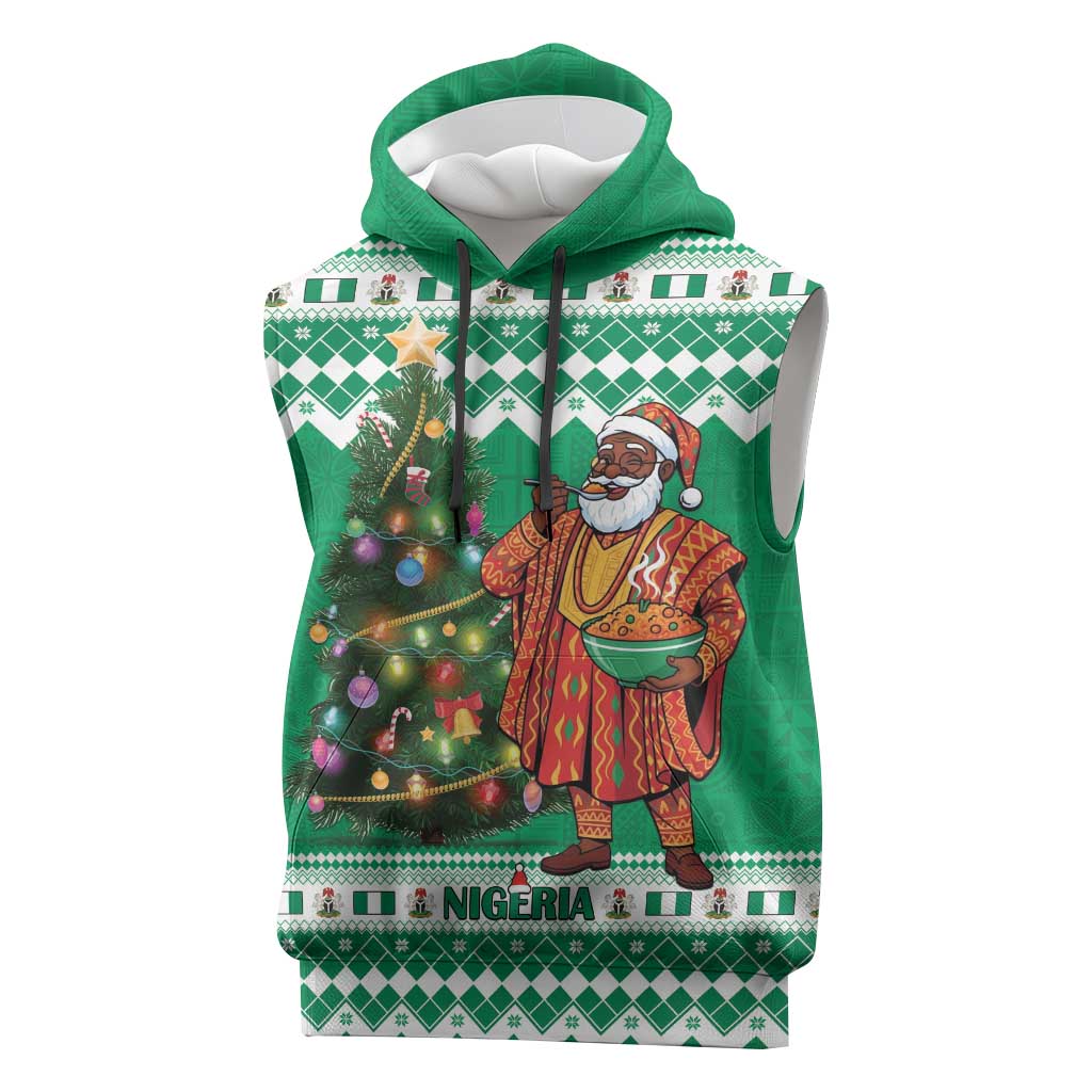 Personalized Nigeria Christmas Sleeveless Hoodie Black Santa With Jollof Rice - Wonder Print Shop