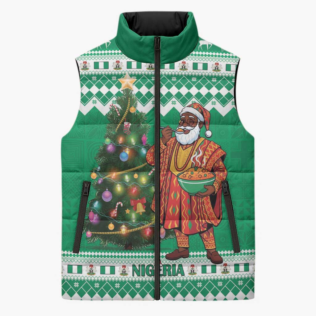 Personalized Nigeria Christmas Sleeveless Puffer Jacket Black Santa With Jollof Rice - Wonder Print Shop