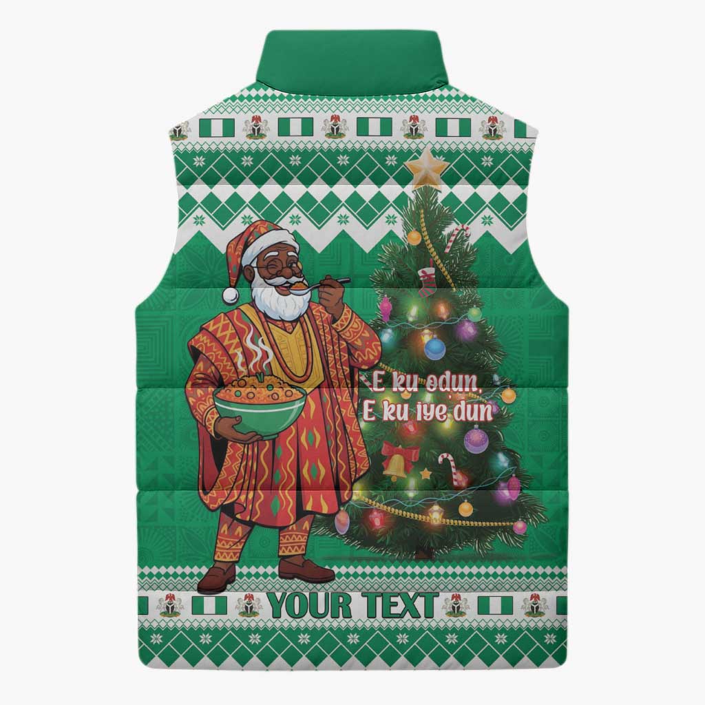Personalized Nigeria Christmas Sleeveless Puffer Jacket Black Santa With Jollof Rice - Wonder Print Shop
