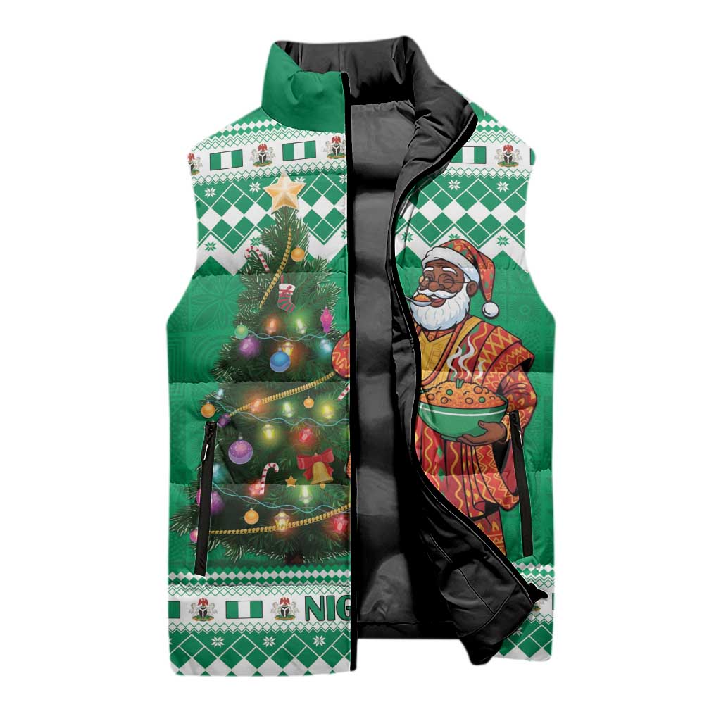 Personalized Nigeria Christmas Sleeveless Puffer Jacket Black Santa With Jollof Rice - Wonder Print Shop