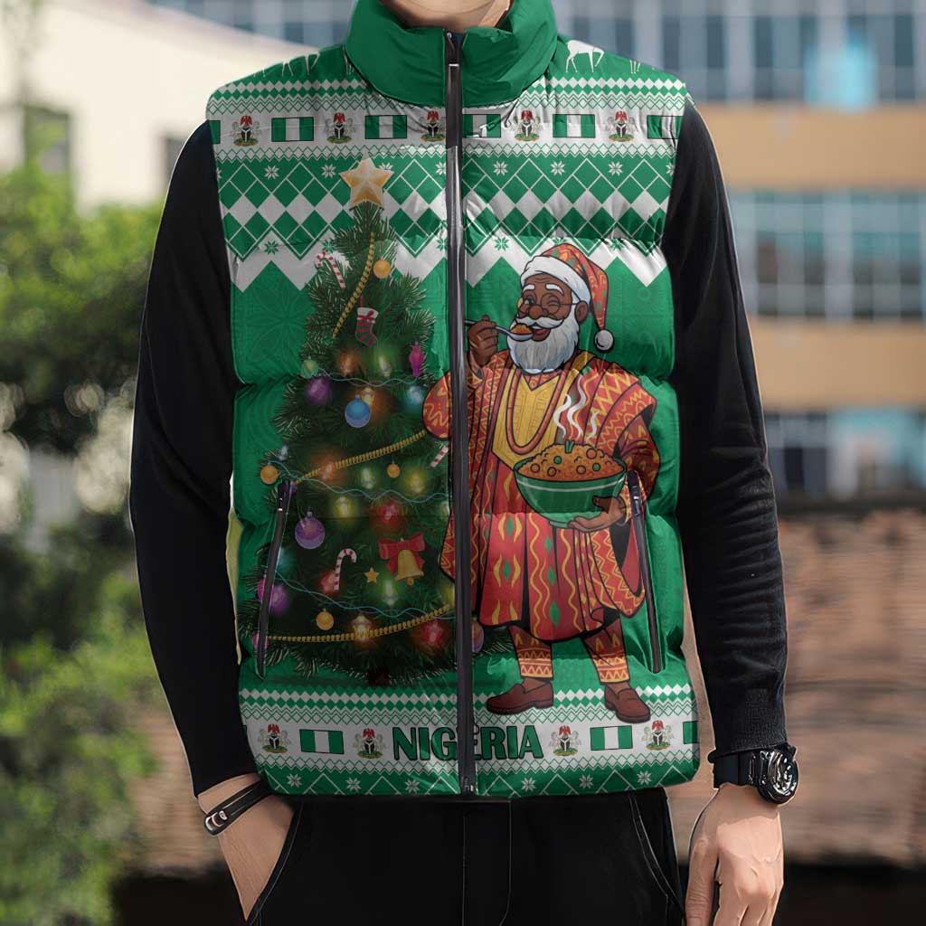 Personalized Nigeria Christmas Sleeveless Puffer Jacket Black Santa With Jollof Rice - Wonder Print Shop