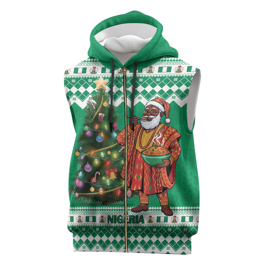 Personalized Nigeria Christmas Sleeveless Zip Hoodie Black Santa With Jollof Rice - Wonder Print Shop