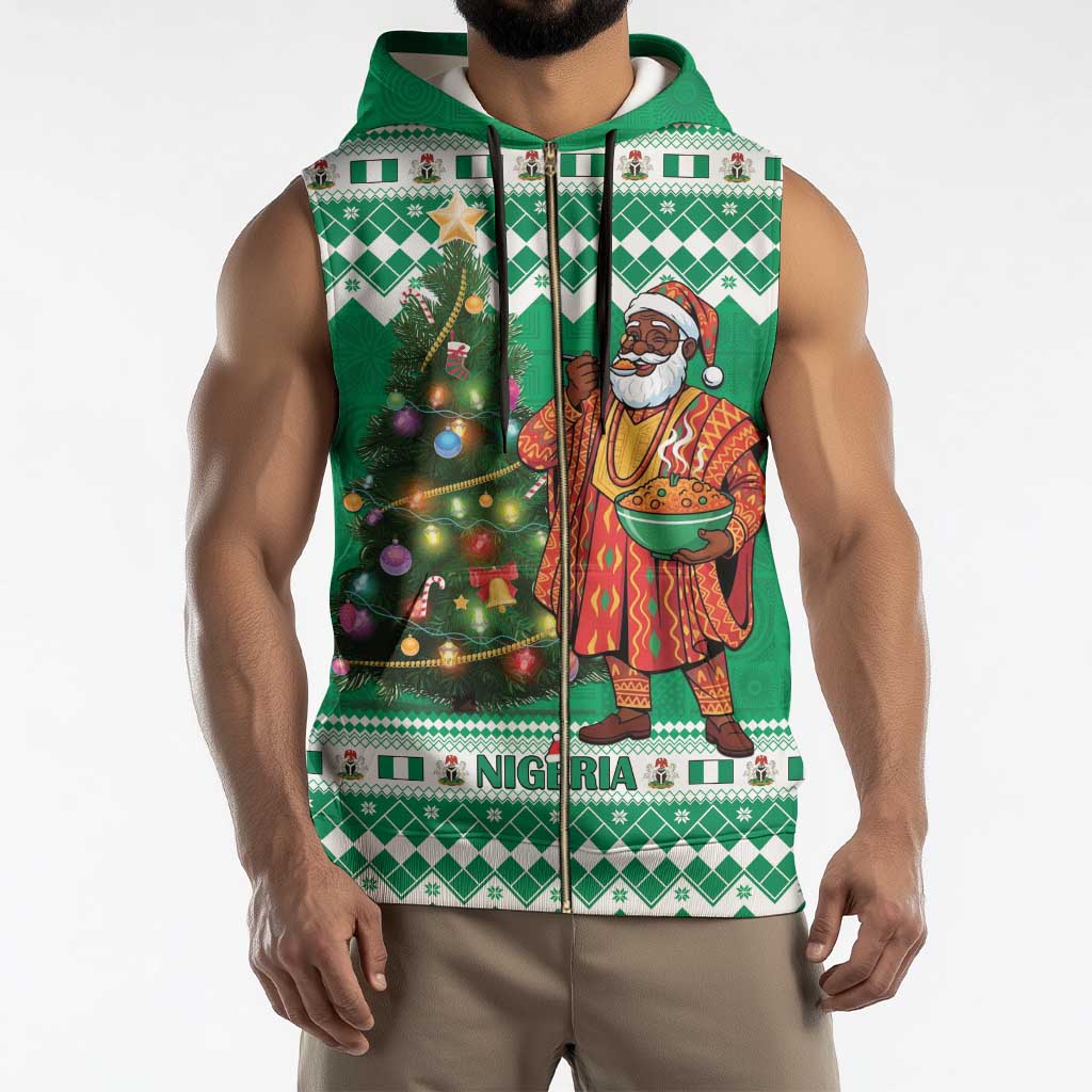 Personalized Nigeria Christmas Sleeveless Zip Hoodie Black Santa With Jollof Rice - Wonder Print Shop