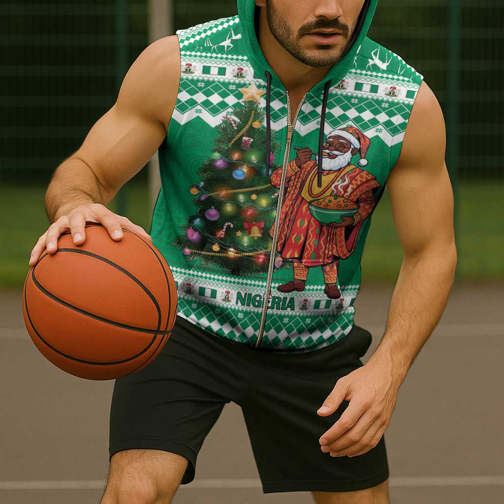 Personalized Nigeria Christmas Sleeveless Zip Hoodie Black Santa With Jollof Rice - Wonder Print Shop