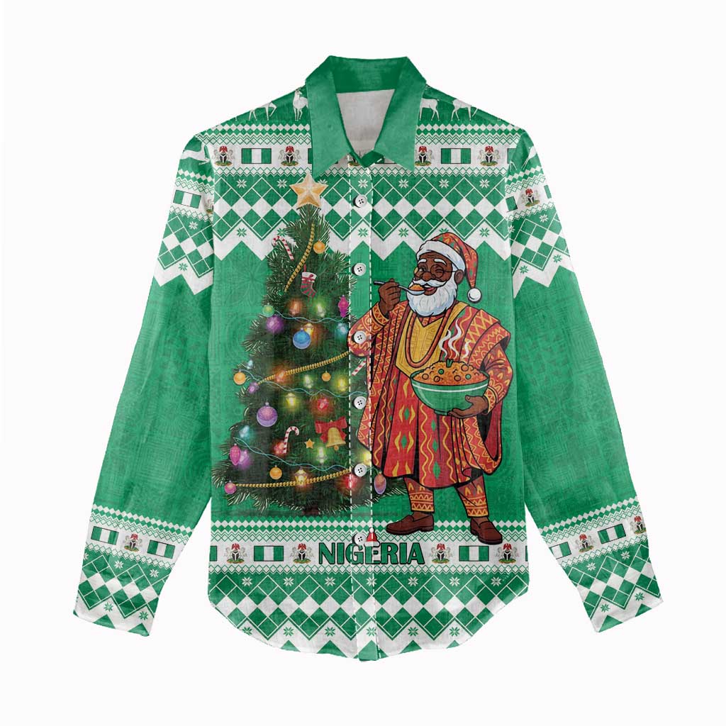 Personalized Nigeria Christmas Women Casual Shirt Black Santa With Jollof Rice - Wonder Print Shop