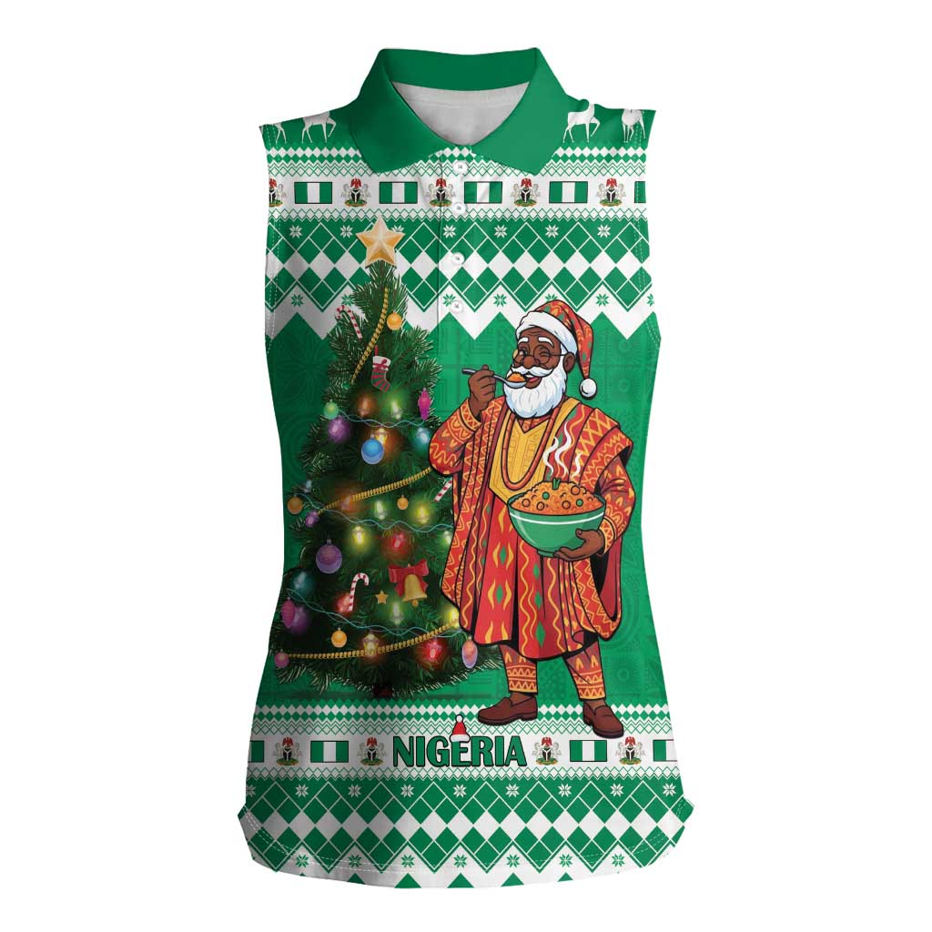 Personalized Nigeria Christmas Women Sleeveless Polo Shirt Black Santa With Jollof Rice - Wonder Print Shop