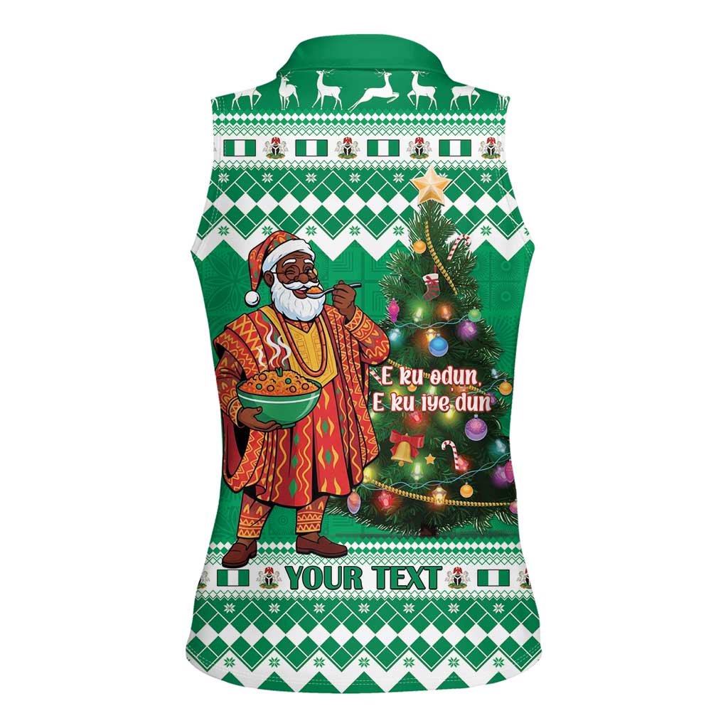 Personalized Nigeria Christmas Women Sleeveless Polo Shirt Black Santa With Jollof Rice - Wonder Print Shop