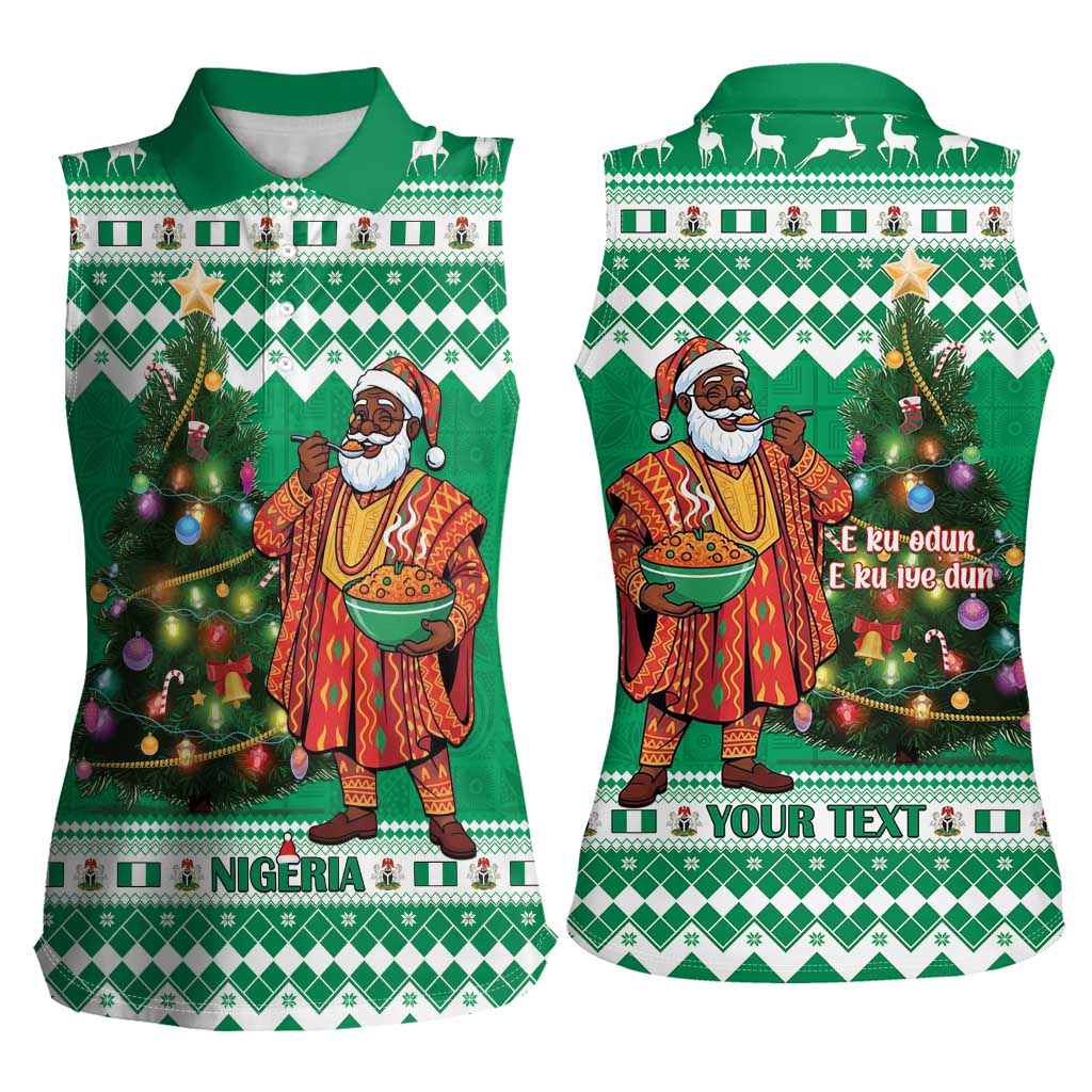Personalized Nigeria Christmas Women Sleeveless Polo Shirt Black Santa With Jollof Rice - Wonder Print Shop