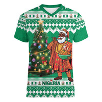 Personalized Nigeria Christmas Women V-Neck T-Shirt Black Santa With Jollof Rice - Wonder Print Shop