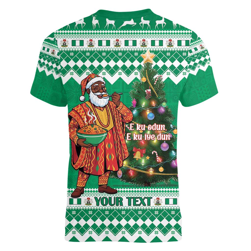 Personalized Nigeria Christmas Women V-Neck T-Shirt Black Santa With Jollof Rice - Wonder Print Shop