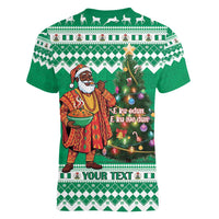 Personalized Nigeria Christmas Women V-Neck T-Shirt Black Santa With Jollof Rice - Wonder Print Shop
