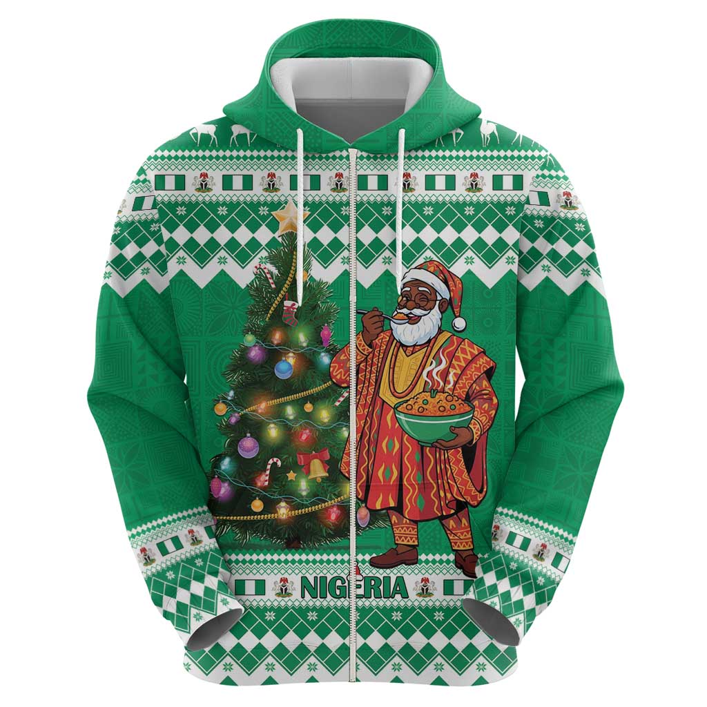 Personalized Nigeria Christmas Zip Hoodie Black Santa With Jollof Rice - Wonder Print Shop