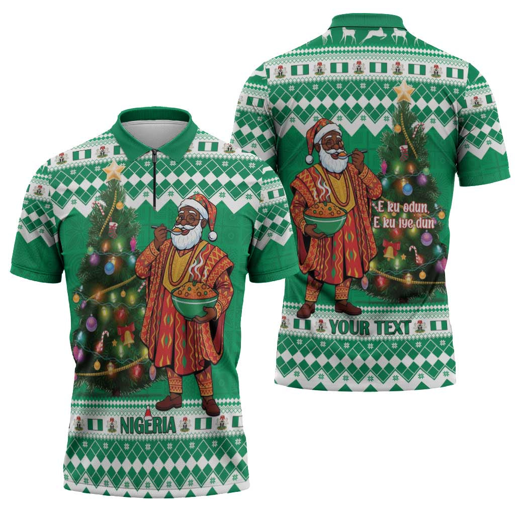 Personalized Nigeria Christmas Zipper Polo Shirt Black Santa With Jollof Rice - Wonder Print Shop