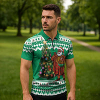 Personalized Nigeria Christmas Zipper Polo Shirt Black Santa With Jollof Rice - Wonder Print Shop