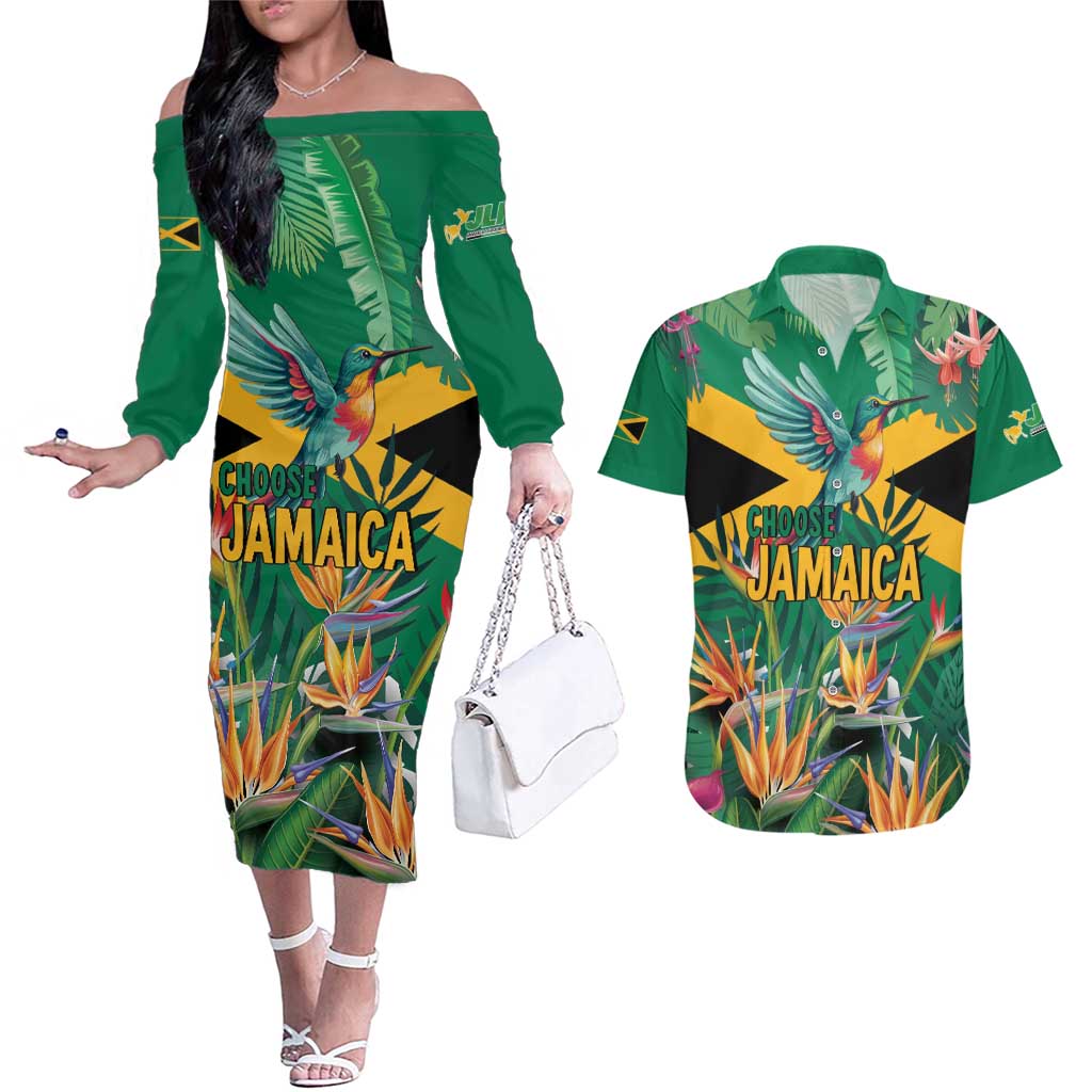 JLP 1PM Holness Couples Matching Off The Shoulder Long Sleeve Dress and Hawaiian Shirt Jamaica Labour Party - Tropical Style - Wonder Print Shop