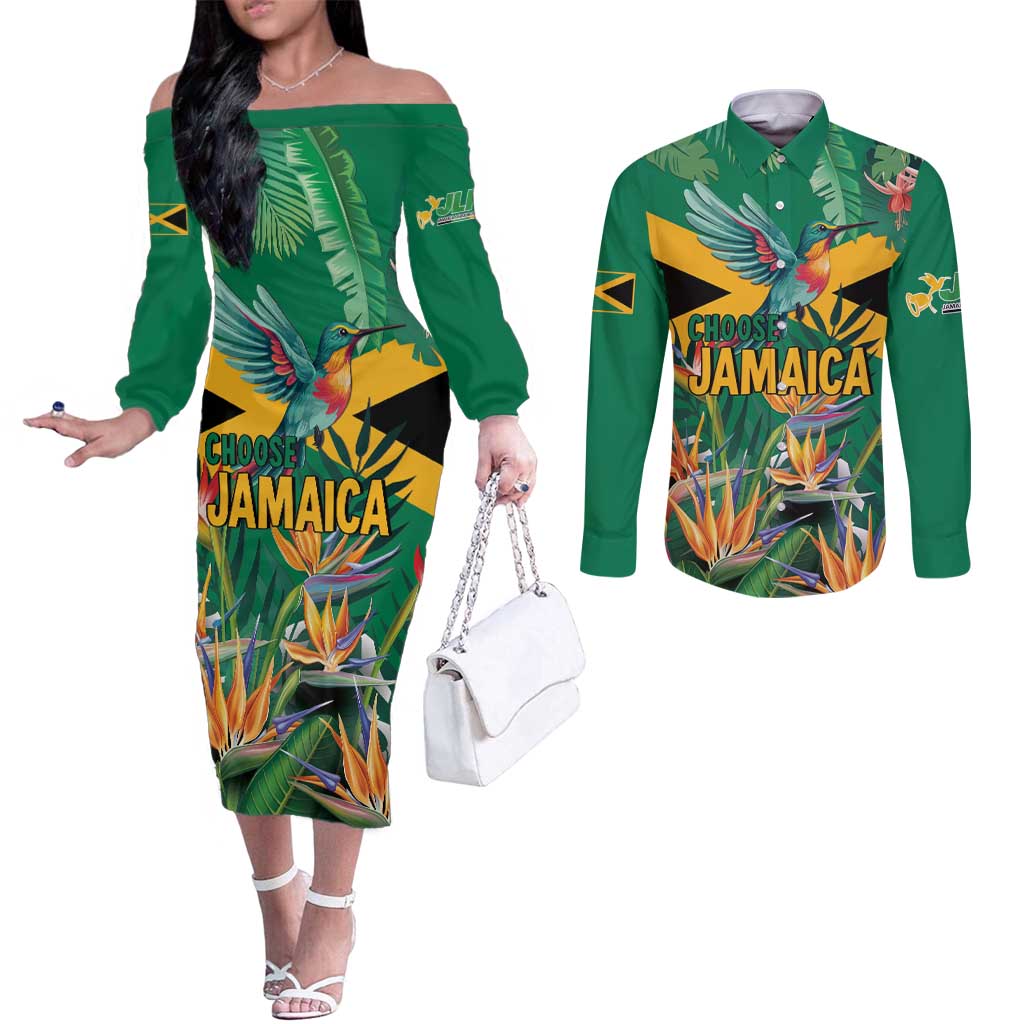 JLP 1PM Holness Couples Matching Off The Shoulder Long Sleeve Dress and Long Sleeve Button Shirt Jamaica Labour Party - Tropical Style - Wonder Print Shop
