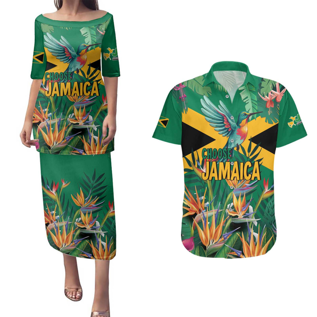 JLP 1PM Holness Couples Matching Puletasi and Hawaiian Shirt Jamaica Labour Party - Tropical Style - Wonder Print Shop