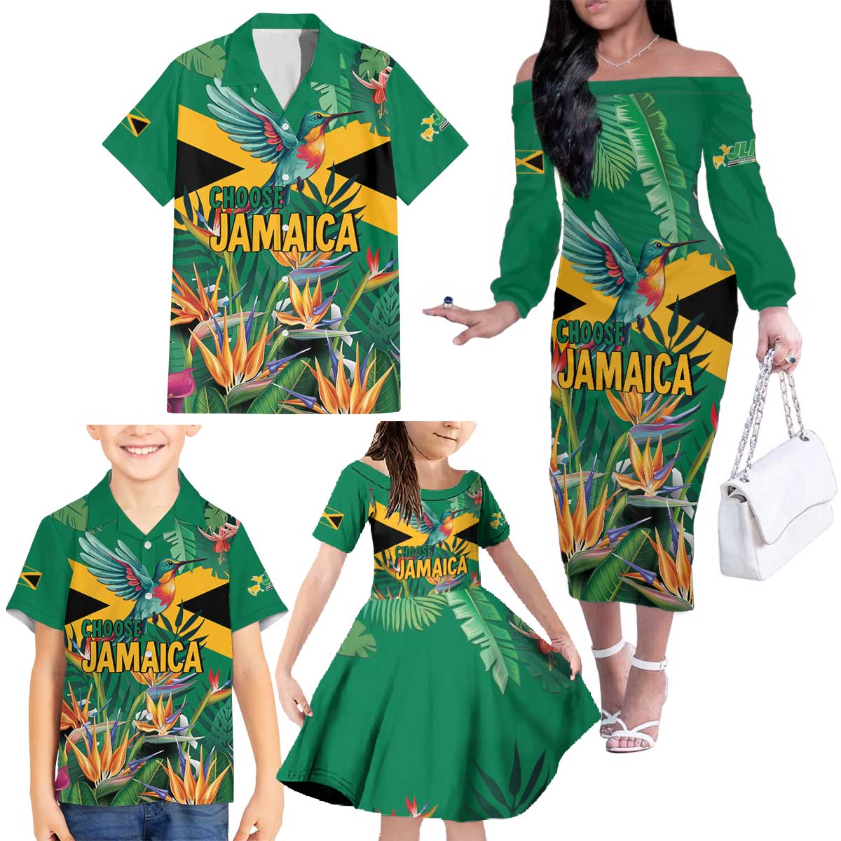 JLP 1PM Holness Family Matching Off The Shoulder Long Sleeve Dress and Hawaiian Shirt Jamaica Labour Party - Tropical Style - Wonder Print Shop