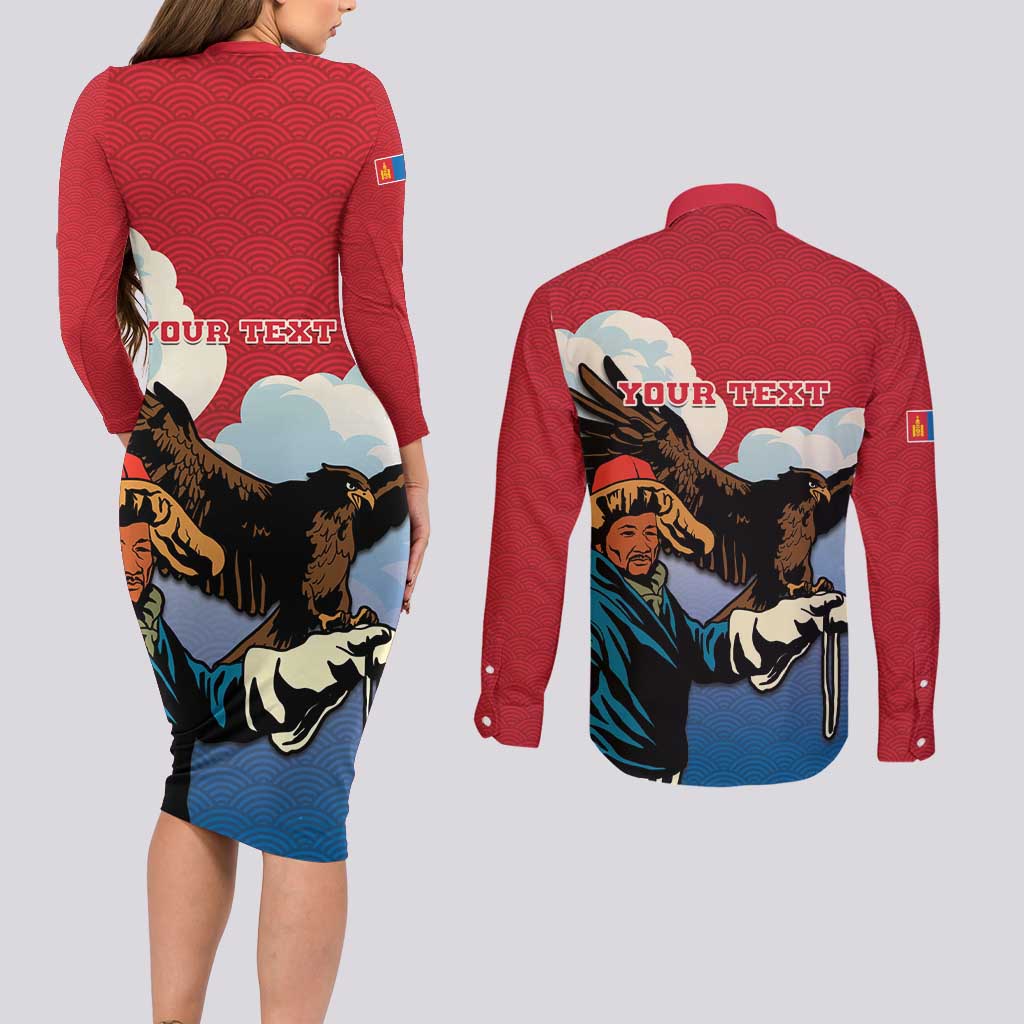 Personalised Mongolia Couples Matching Long Sleeve Bodycon Dress and Long Sleeve Button Shirt Eagle Hunters - Wonder Print Shop