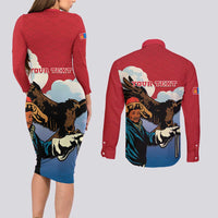 Personalised Mongolia Couples Matching Long Sleeve Bodycon Dress and Long Sleeve Button Shirt Eagle Hunters - Wonder Print Shop