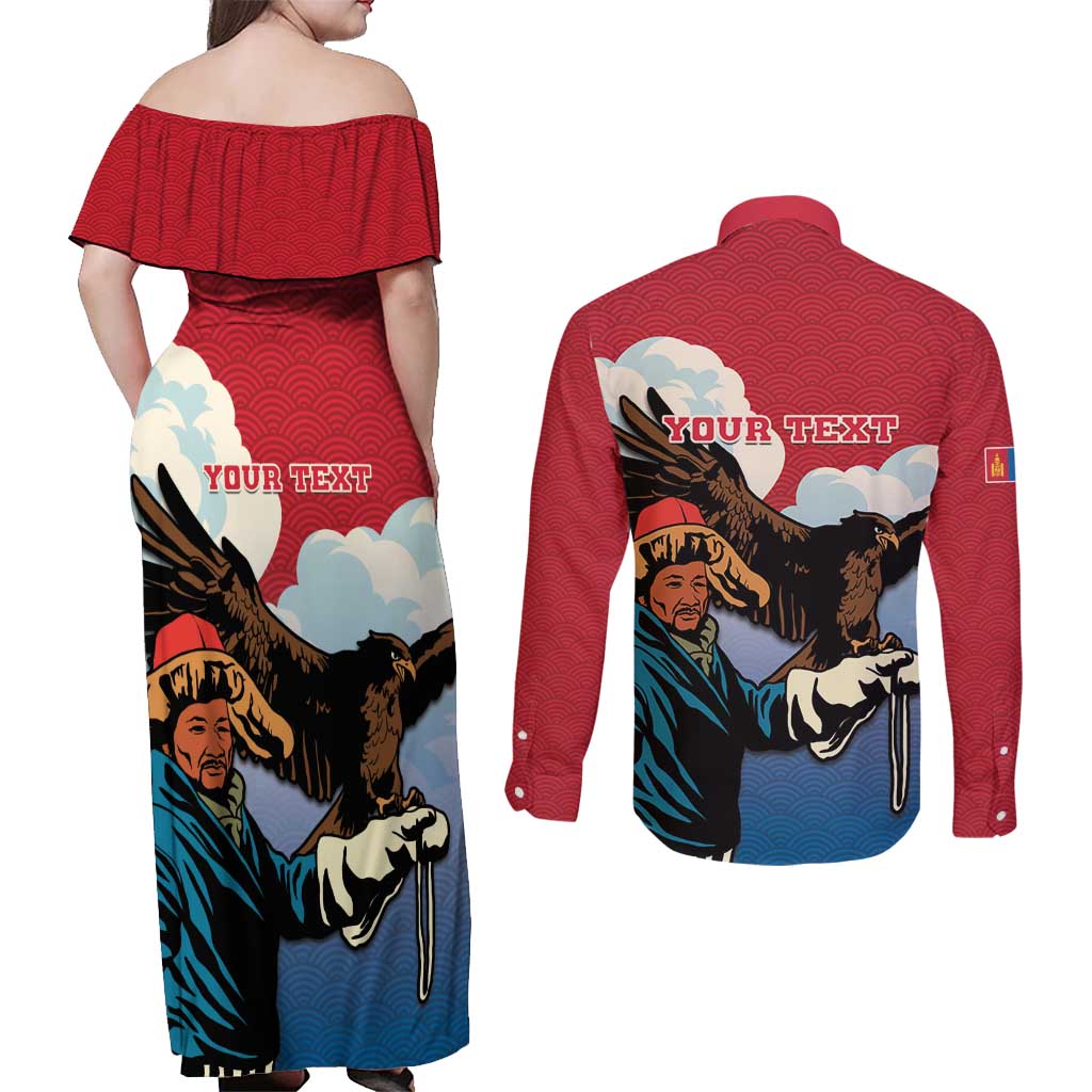 Personalised Mongolia Couples Matching Off Shoulder Maxi Dress and Long Sleeve Button Shirt Eagle Hunters - Wonder Print Shop