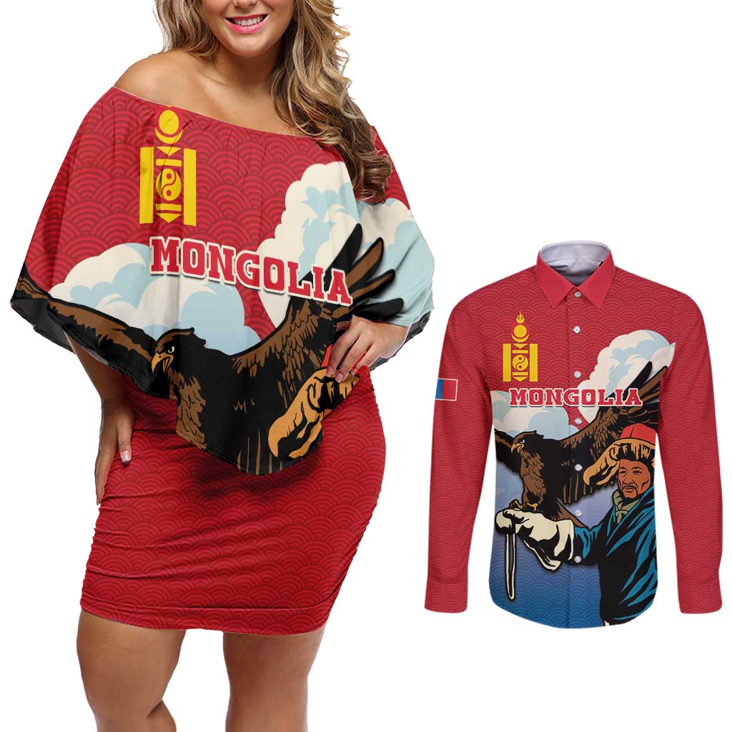 Personalised Mongolia Couples Matching Off Shoulder Short Dress and Long Sleeve Button Shirt Eagle Hunters - Wonder Print Shop