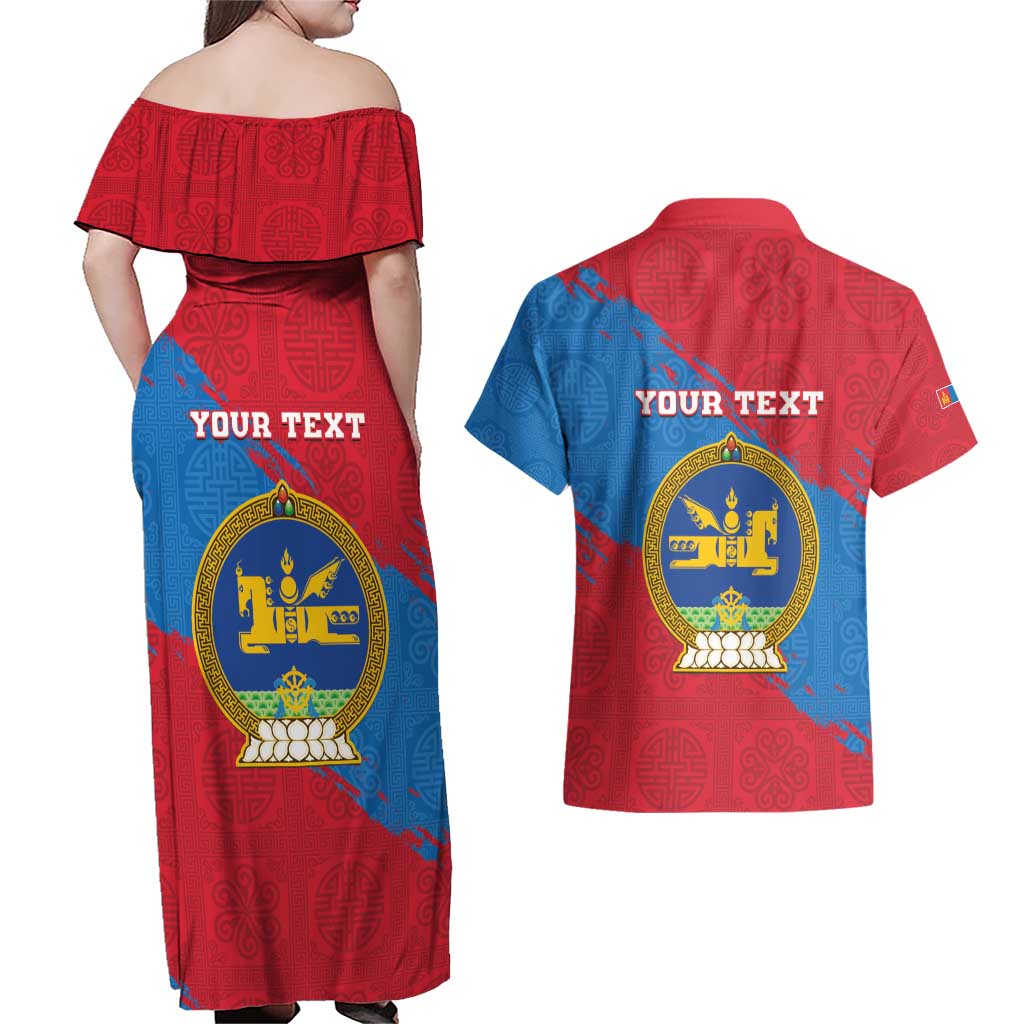 Personalised Mongolia Independence Day Couples Matching Off Shoulder Maxi Dress and Hawaiian Shirt Coat Of Arms - Mongolia Folk Pattern - Wonder Print Shop