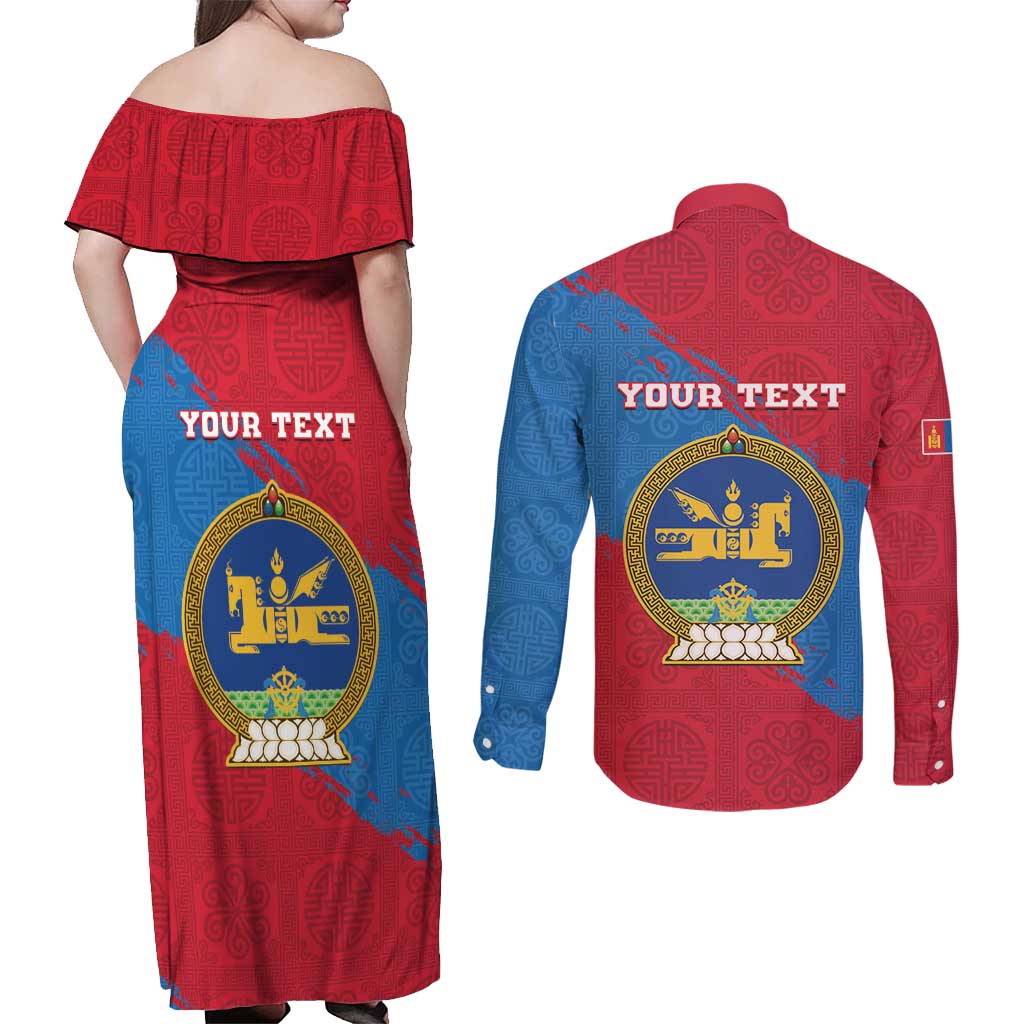 Personalised Mongolia Independence Day Couples Matching Off Shoulder Maxi Dress and Long Sleeve Button Shirt Coat Of Arms - Mongolia Folk Pattern - Wonder Print Shop