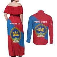 Personalised Mongolia Independence Day Couples Matching Off Shoulder Maxi Dress and Long Sleeve Button Shirt Coat Of Arms - Mongolia Folk Pattern - Wonder Print Shop