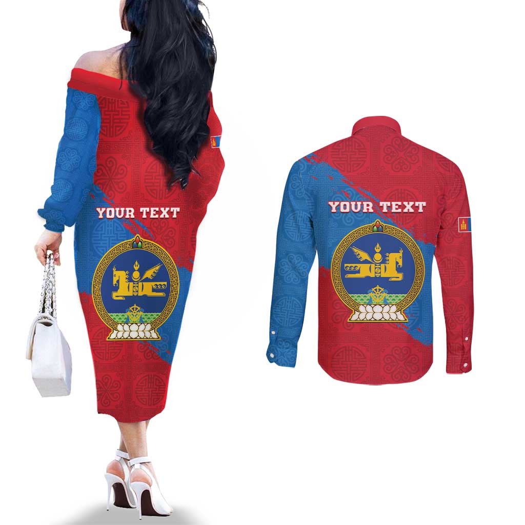 Personalised Mongolia Independence Day Couples Matching Off The Shoulder Long Sleeve Dress and Long Sleeve Button Shirt Coat Of Arms - Mongolia Folk Pattern