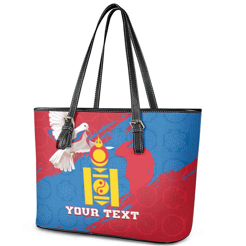 Personalised Mongolia Independence Day Leather Tote Bag Coat Of Arms - Mongolia Folk Pattern - Wonder Print Shop
