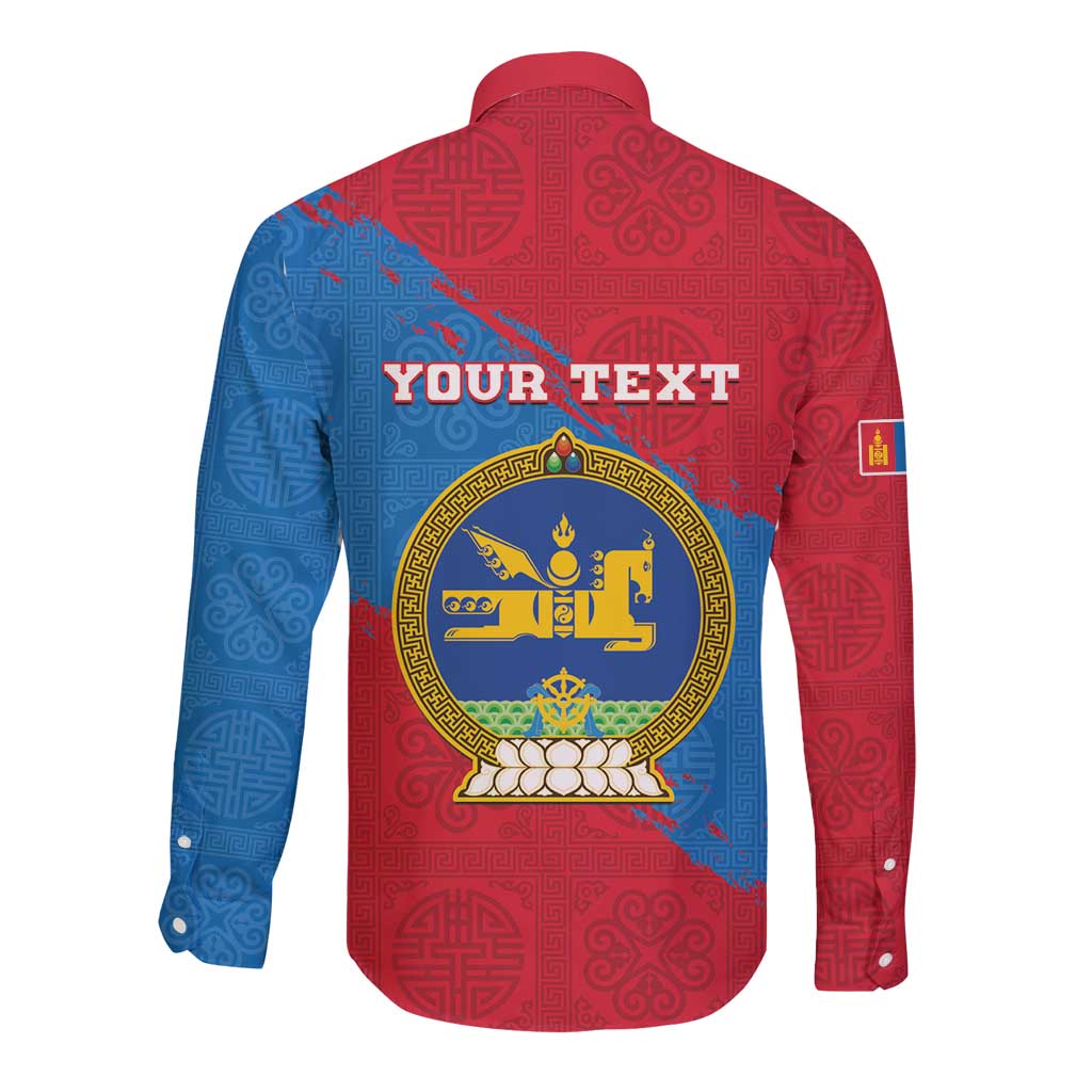 Personalised Mongolia Independence Day Long Sleeve Button Shirt Coat Of Arms - Mongolia Folk Pattern - Wonder Print Shop