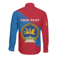 Personalised Mongolia Independence Day Long Sleeve Button Shirt Coat Of Arms - Mongolia Folk Pattern - Wonder Print Shop