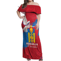 Personalised Mongolia Independence Day Off Shoulder Maxi Dress Coat Of Arms - Mongolia Folk Pattern - Wonder Print Shop