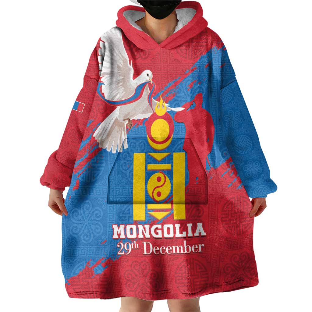 Personalised Mongolia Independence Day Wearable Blanket Hoodie Coat Of Arms - Mongolia Folk Pattern - Wonder Print Shop