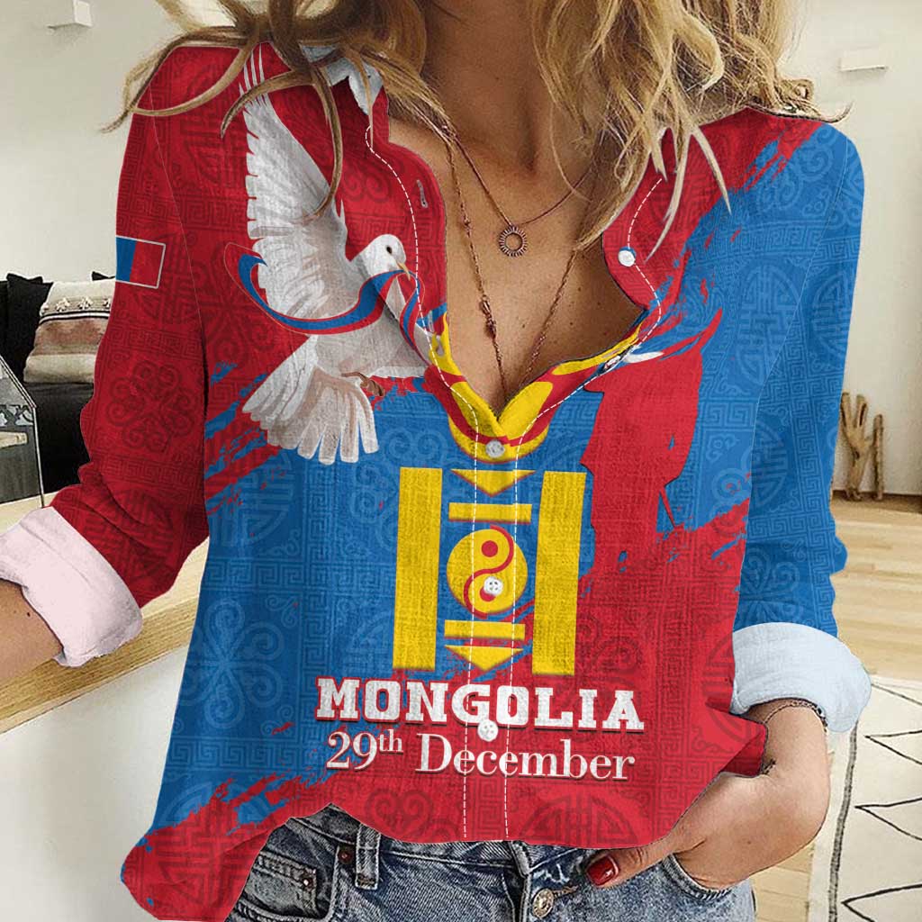 Personalised Mongolia Independence Day Women Casual Shirt Coat Of Arms - Mongolia Folk Pattern - Wonder Print Shop