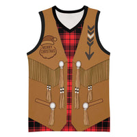 Santa Western Cowboy Christmas Basketball Jersey Plaid Black Red Vest Style - Wonder Print Shop