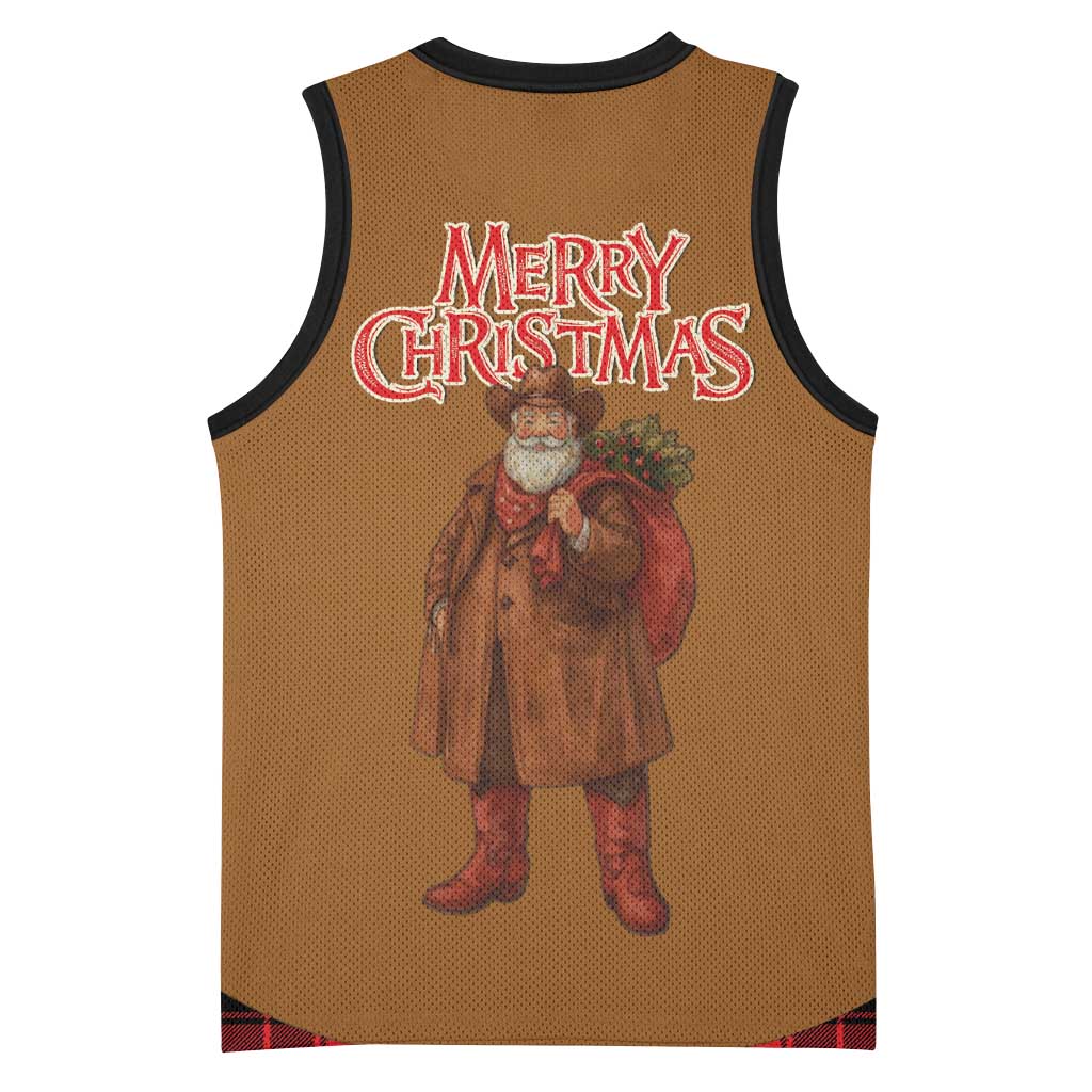 Santa Western Cowboy Christmas Basketball Jersey Plaid Black Red Vest Style - Wonder Print Shop