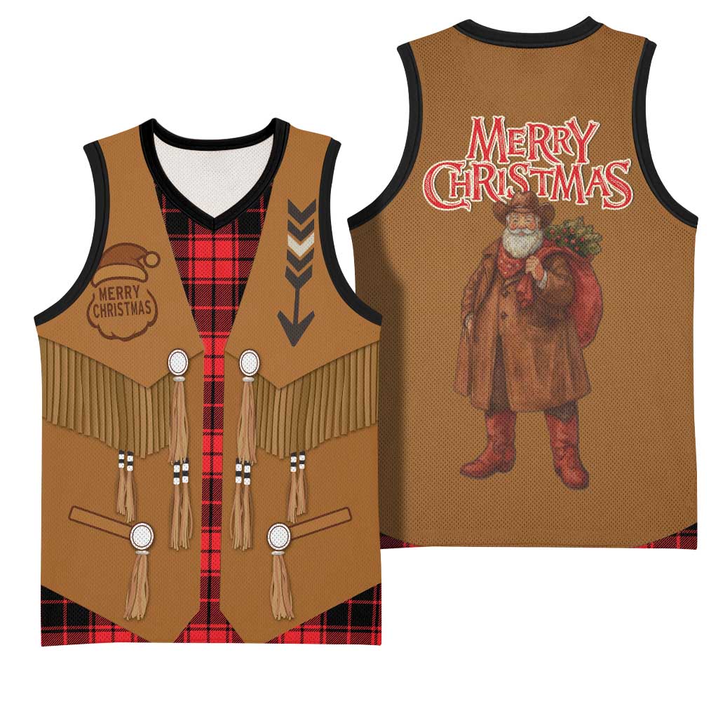 Santa Western Cowboy Christmas Basketball Jersey Plaid Black Red Vest Style - Wonder Print Shop