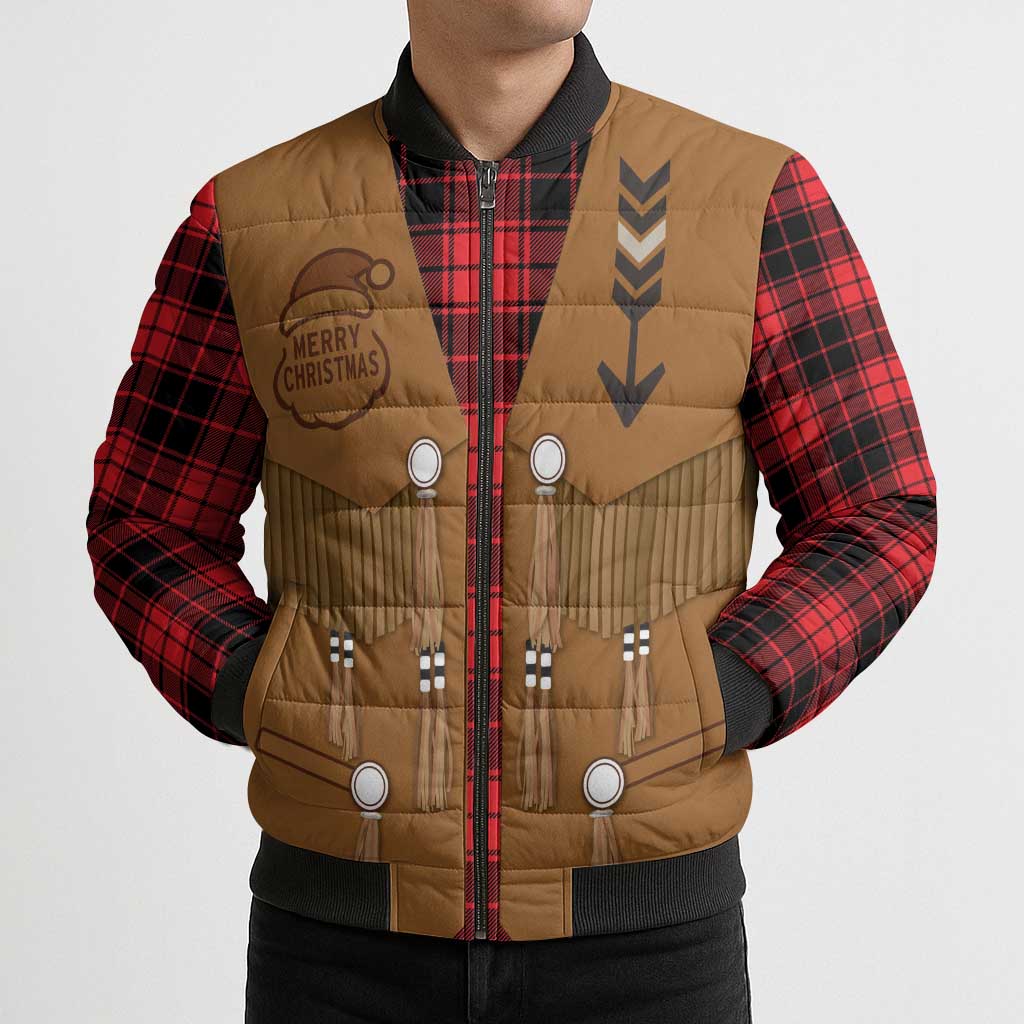 Santa Western Cowboy Christmas Bomber Puffer Jacket Plaid Black Red Vest Style - Wonder Print Shop